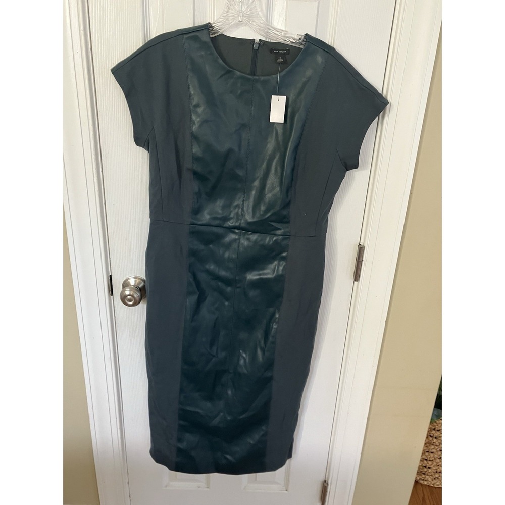 Ann Taylor NWT Green Faux Mixed Media Leather Panel Sheath  Dress Size 12